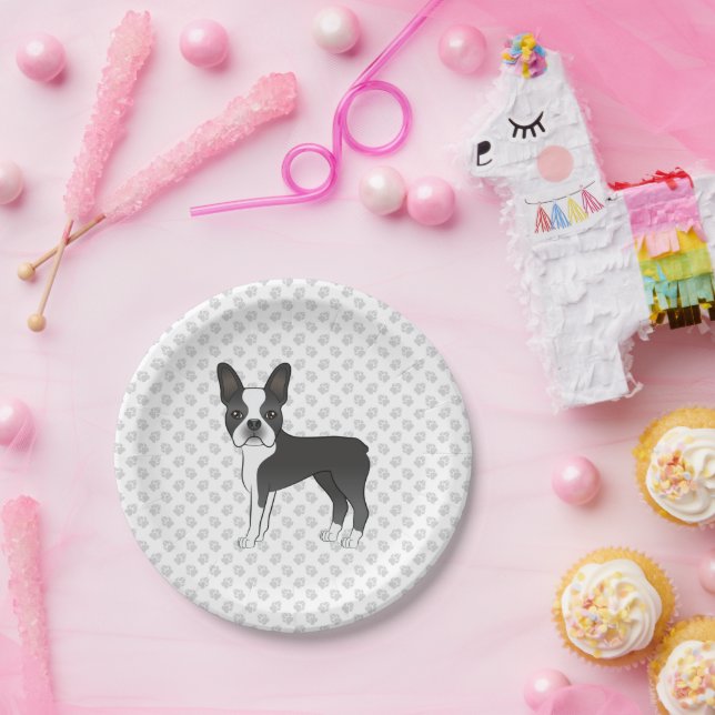 Black And White Boston Terrier Cartoon Dog & Paws Paper Plate (Party)