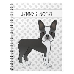 Black And White Boston Terrier Cartoon Dog & Text Notebook