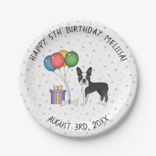 Black And White Boston Terrier Cute Dog - Birthday Paper Plate