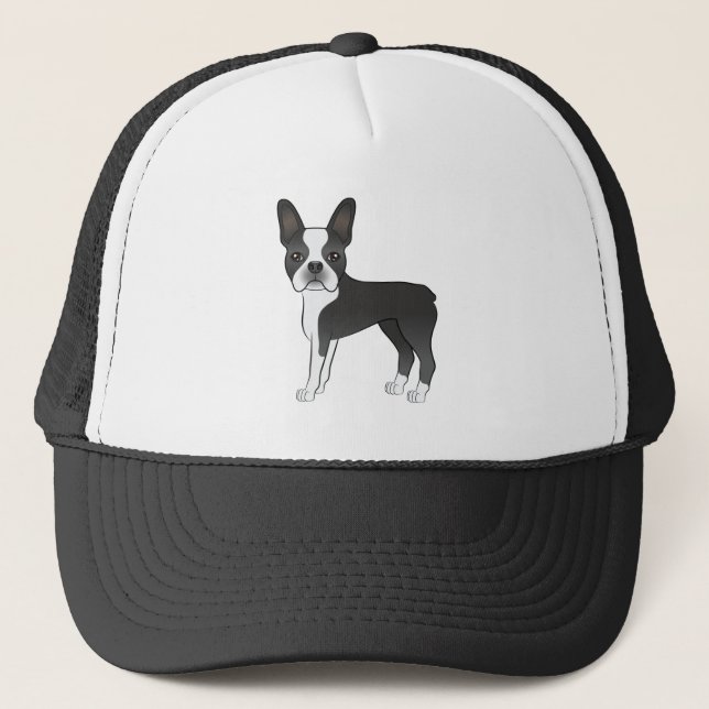 Black And White Boston Terrier Dog Illustration Trucker Hat (Front)