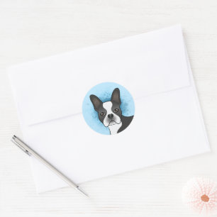 Black And White Boston Terrier Dog On Blue Classic Round Sticker