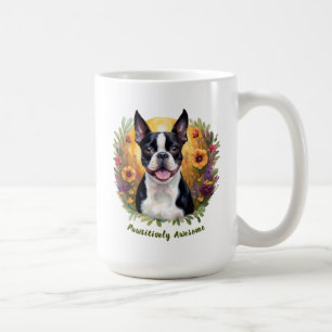 Black and White Boston Terrier in a flowery field Coffee Mug