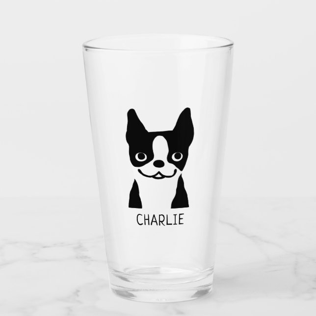 Black and White Boston Terrier Personalized Glass (Front)