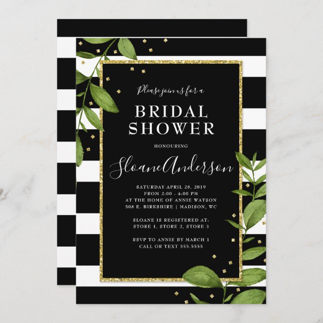 Black and White Botanical Bling Bridal Shower Invitation (Front/Back)
