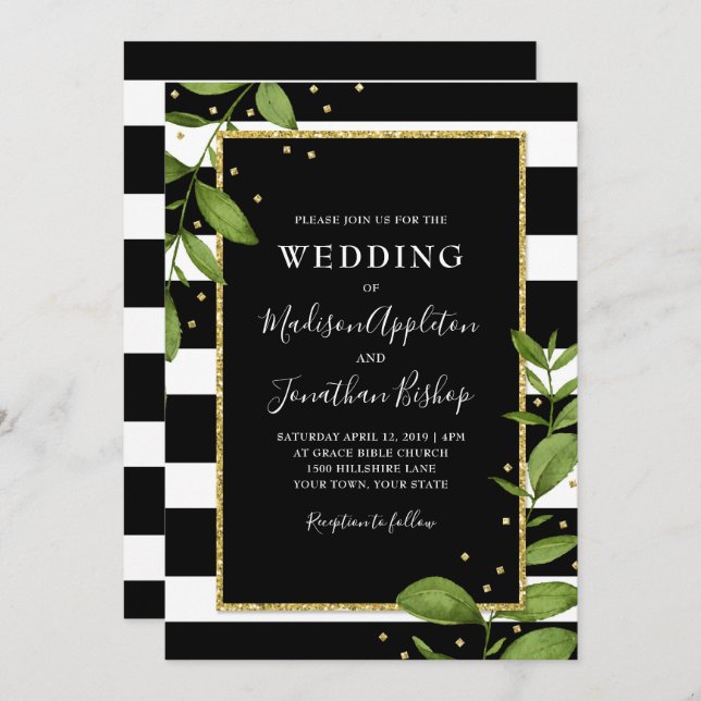 Black and White Botanical Bling Wedding Invitation (Front/Back)