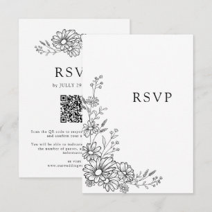Black and White Botanical Daisy QR Code Wedding RSVP Card