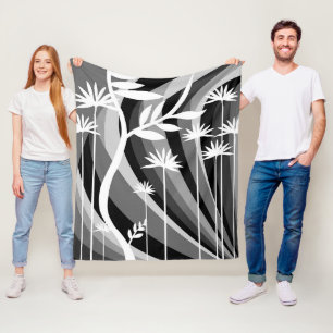 Black and White Botanical Design Fleece Blanket