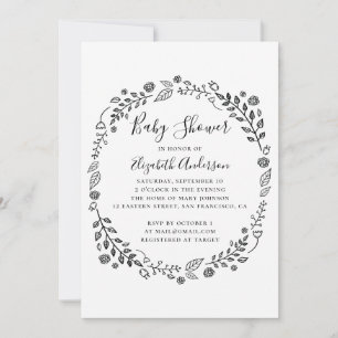 Black and white botanical foliage baby shower invitation