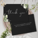 Black And White Botanical Greenery Elegant Script Thank You Card<br><div class="desc">Featuring delicate watercolor greenery and elegant script thank-you script on a black background. You can personalize with your own thank you message on the reverse,  or if you prefer to add your handwritten message,  delete the text. A perfect way to say thank you! Designed by Thisisnotme©</div>