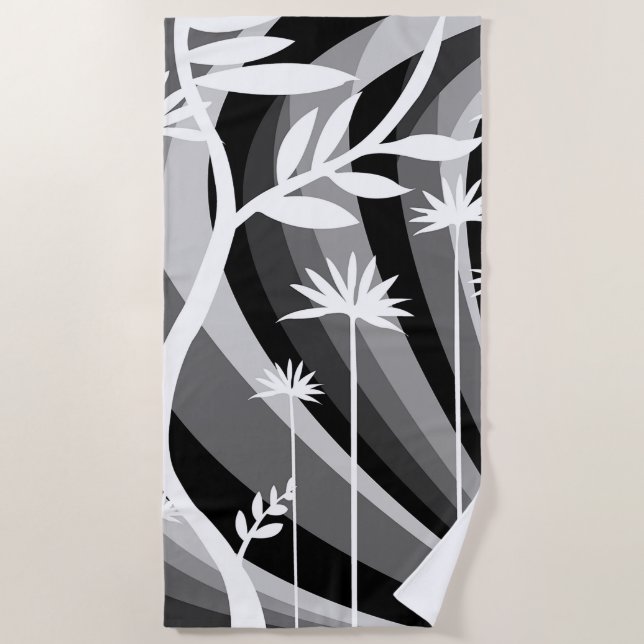 Black and White Botanical Illustration Beach Towel (Front)