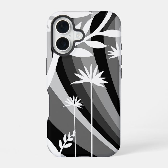 Black and White Botanical Illustration Curved Back iPhone 16 Case (Back)