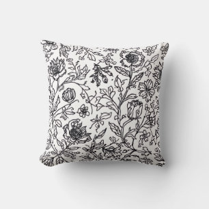Black and White Botanical Line Art Style Throw Pillow