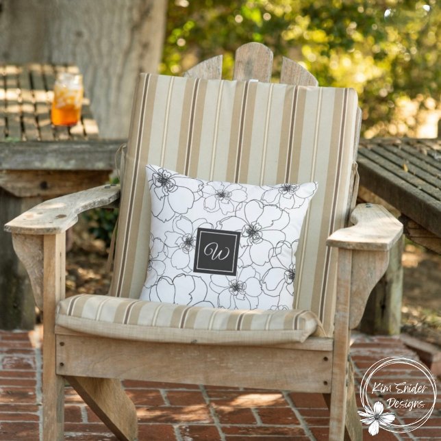 Black and White Botanical With Monogram Outdoor Pillow (Creator Uploaded)