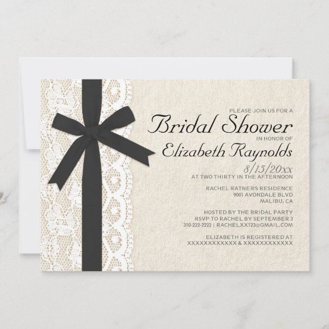 Black And White Bow & Lace Bridal Shower Invites (Front)