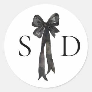 Black and White Bow Monogram Wedding Classic Round Sticker