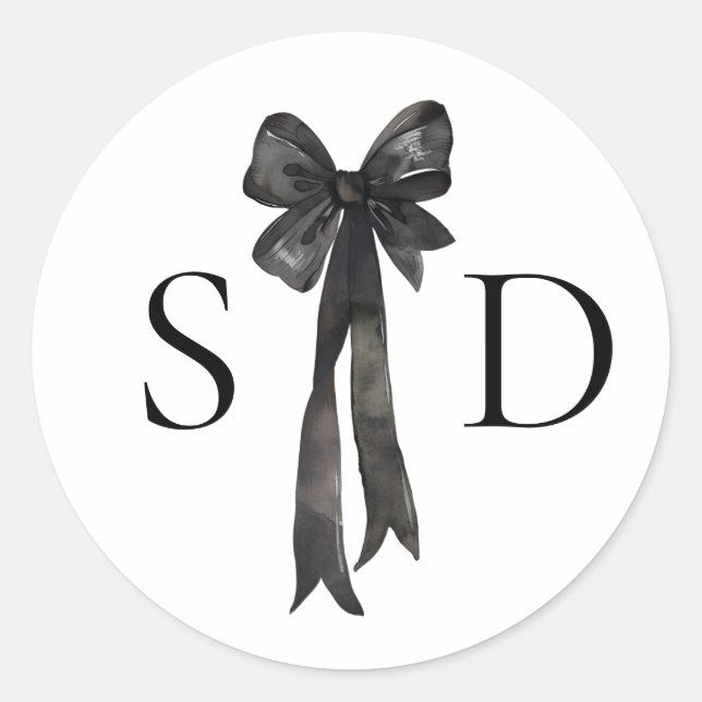 Black and White Bow Monogram Wedding Classic Round Sticker (Front)