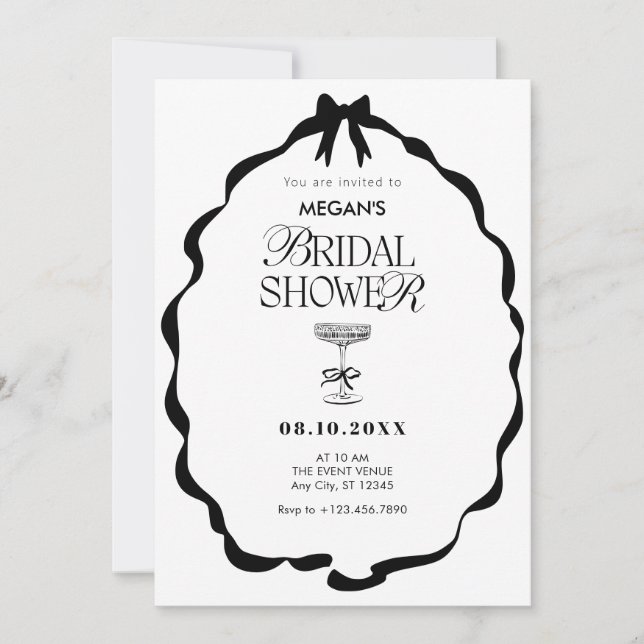 Black and white bow ribbon bridal shower invitation (Front)