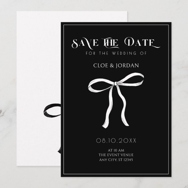 Black and white bow ribbon wedding save the date (Front/Back)