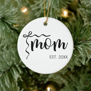 Black and White Bow Script Mom Established Elegant Ceramic Ornament