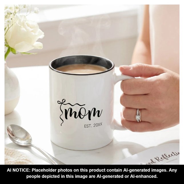 Black and White Bow Script Mom Established Elegant Two-Tone Coffee Mug (Creator Uploaded)