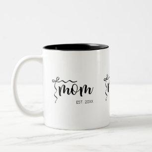 Black and White Bow Script Mom Established Elegant Two-Tone Coffee Mug