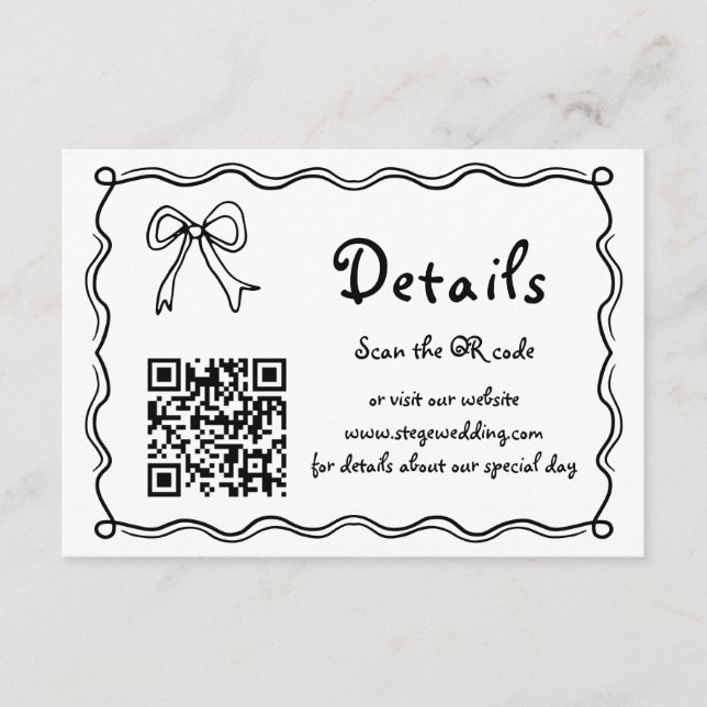 Black and white bow squiggle wedding details enclosure card (Front)