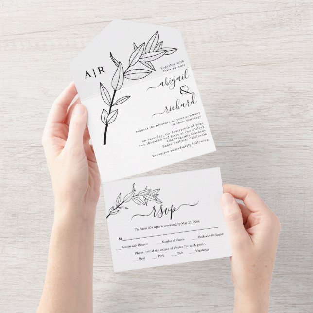 Black and white branch with leaves fall wedding  all in one invitation (Tearaway)