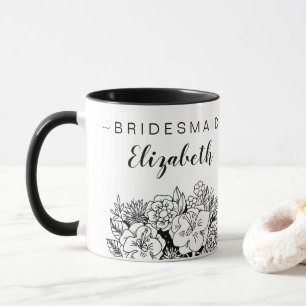 Black and White Bridesmaid Bouquet with Name Mug