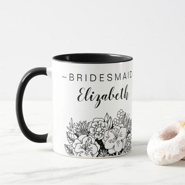Black and White Bridesmaid Bouquet with Name Mug (With Donut)