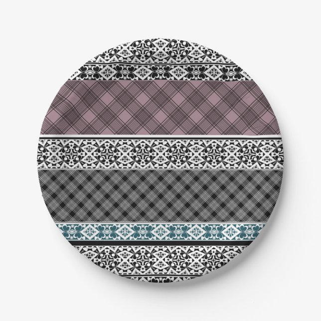 Black and white brown patchwork lace paper plate (Front)