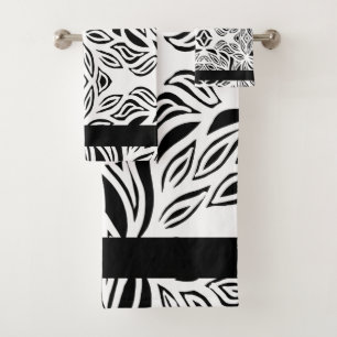 Black and White brushed floral Bath Towel Set
