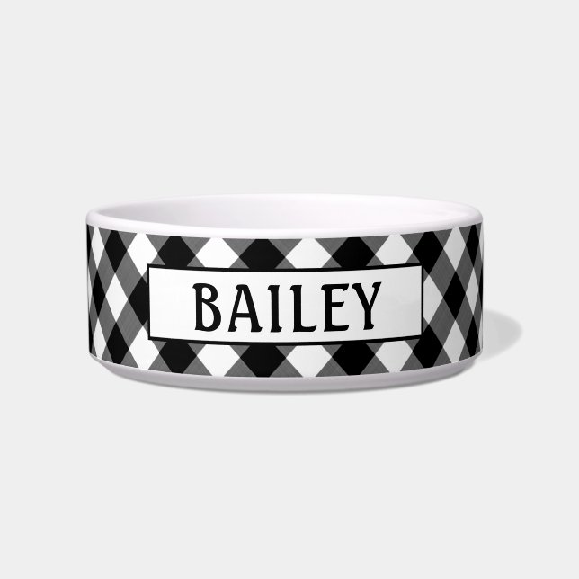 Black and White Buffalo Check Cat Name Bowl (Front)