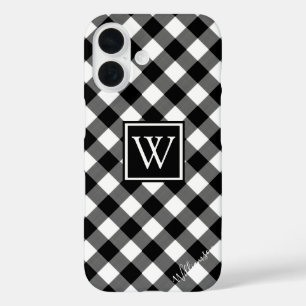 Black and White Buffalo Check Monogram / Name iPhone 16 Case