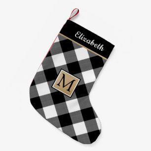 Black and White Buffalo Check Plaid Monogram Small Christmas Stocking