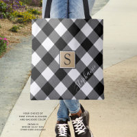 Black and White Buffalo Check Plaid Monogram