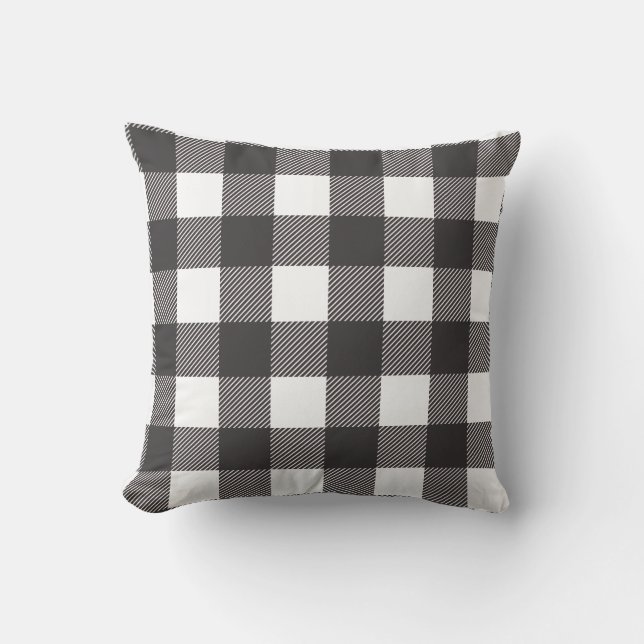 Black and White Buffalo Check Plaid Rustic Outdoor Pillow (Front)