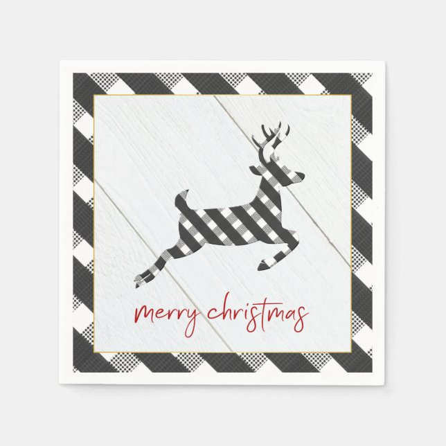 Black and White Buffalo Check Reindeer Christmas Napkin (Front)