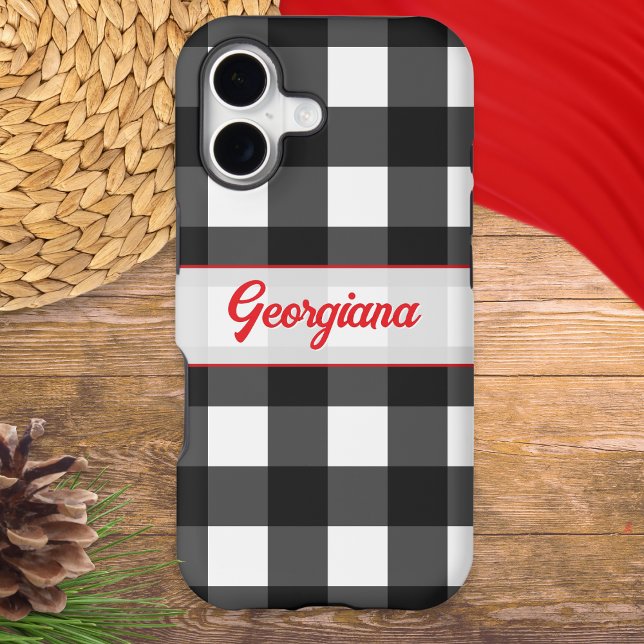 Black and White Buffalo Check with Red Custom Name (A phone case with rustic black and white buffalo plaid pattern and custom name in red script)