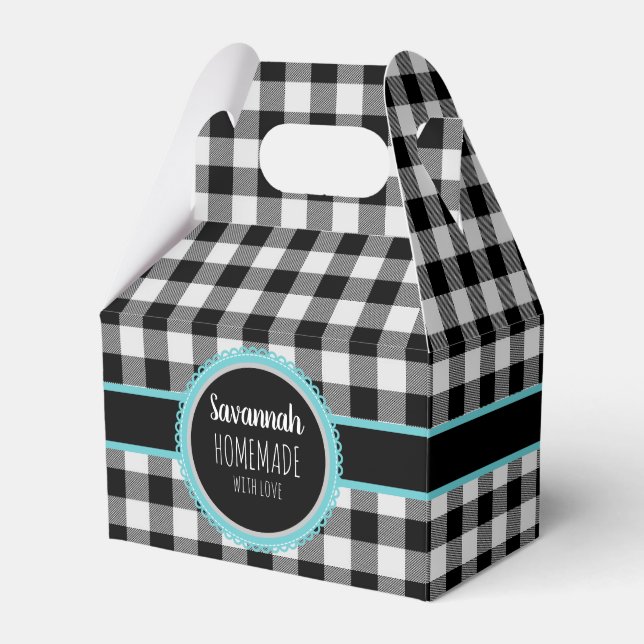 Black and white Buffalo Plaid and Teal Favor Box (Front Side)