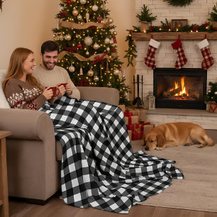Black and White Buffalo Plaid Christmas Check Fleece Blanket