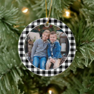 Black and White Buffalo Plaid Custom Holiday Photo Ceramic Ornament