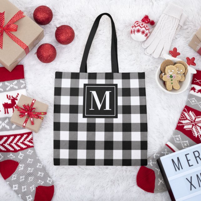 Black and White Buffalo Plaid Custom Monogram Tote Bag (Creator Uploaded)