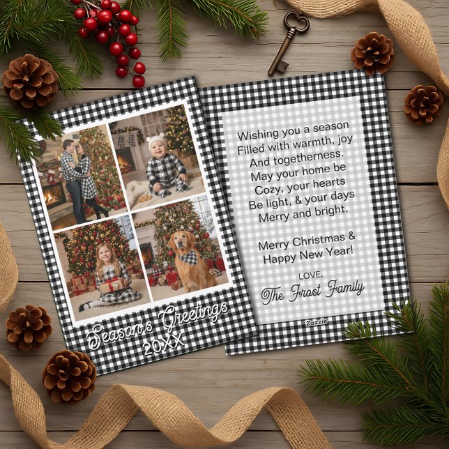 Black and White Buffalo Plaid Custom Name and Text Holiday Card (Creator Uploaded)