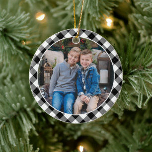 Black and White Buffalo Plaid Family Holiday Photo Ceramic Ornament