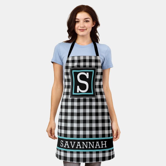 Black and white Buffalo Plaid Farmhouse Monogram Apron (Worn)