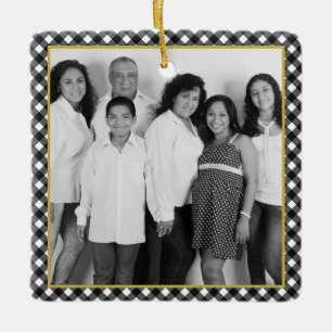 Black and White Buffalo Plaid Gold Holiday Photo Ceramic Ornament