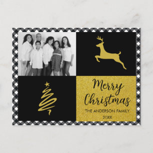 Black and White Buffalo Plaid Gold Holiday Photo Postcard