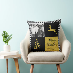 Black and White Buffalo Plaid Gold Holiday Photo Throw Pillow