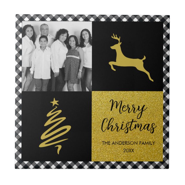 Black and White Buffalo Plaid Gold Holiday Photo Tile (Front)