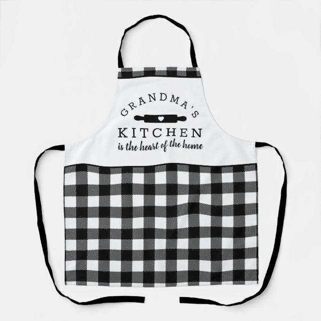 Black and White Buffalo Plaid Grandma's Kitchen Apron (Front)